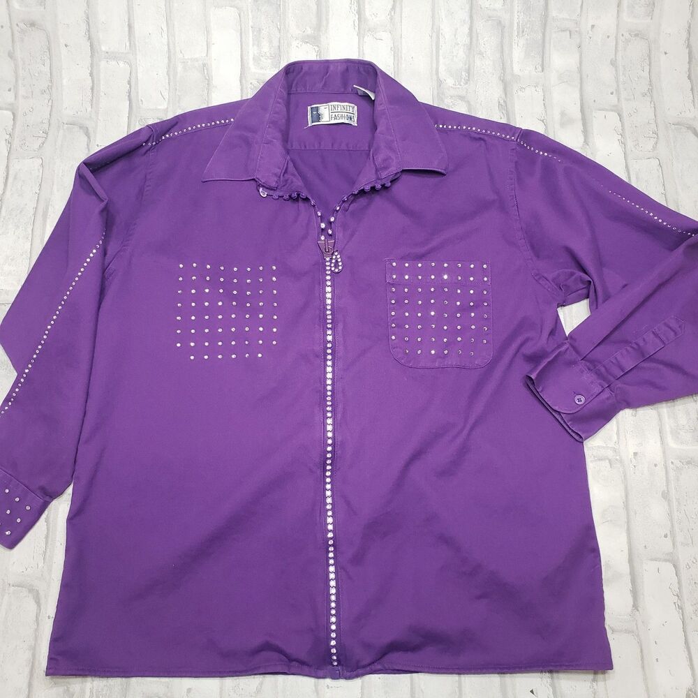 Vintage Cotton Purple Zip-Up Shirt with Rhinestones